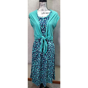 Cuddl Duds Long Maxi Dress Womens Medium Green Leopard‎ Print Flexwear Tie Front